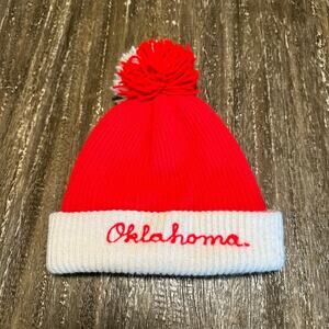 Vintage Oklahoma Sooners Script Knit Pom Pom Beanie Red White